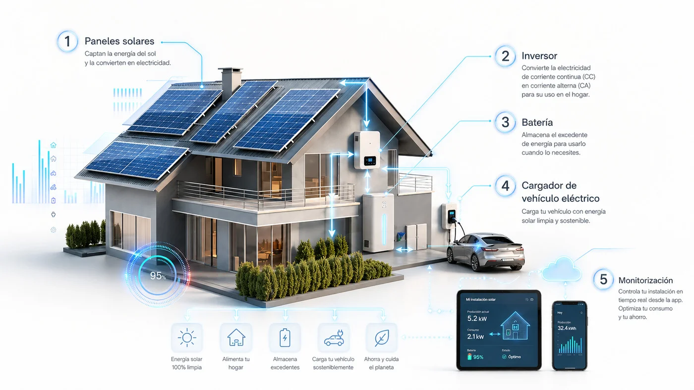 Sistema fotovoltaico completo — paneles, inversor, batería y cargador EV